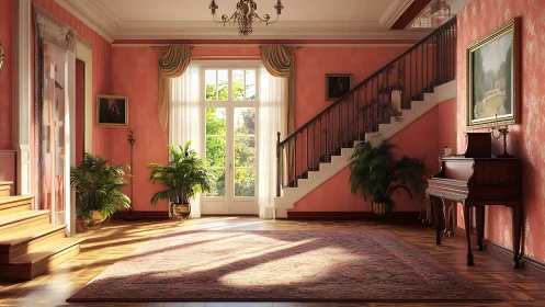 Sunlit classical foyer with coral walls and grand staircase.