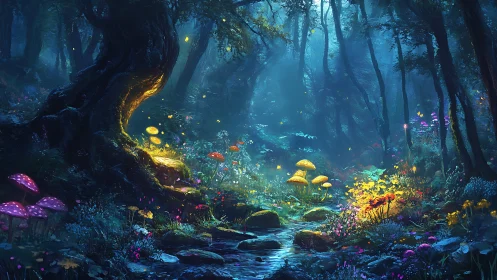 Bioluminescent forest stream with luminous flora and fauna