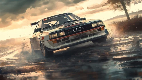 Rally car powerslides through wet dirt under stormy sunset