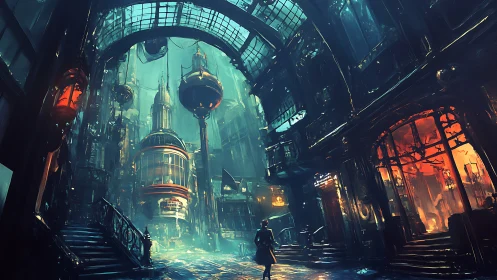 Gilded skyway city glows above a lone twilight wanderer.