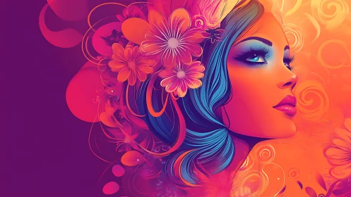 Vibrant neon portrait merges floral energy and surreal glow.