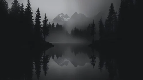 Midnight pines whisper while mountains dream in silver fog