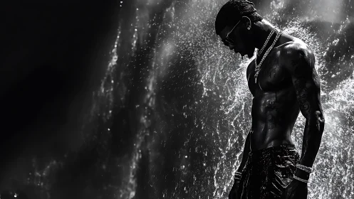 Shirtless man under cascading water in high-contrast monochrome.