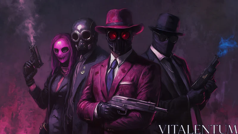 Neon-masked syndicate marches through violet gun-smoke.