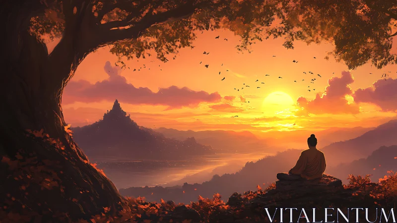Monk contemplates a luminous mountain temple at sunset