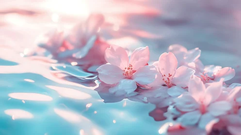 Pink cherry blossoms floating on softly lit water surface.