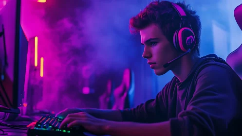 Cyber-lit esports gamer at RGB battlestation, side profile focus.