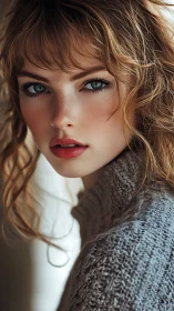 Softly lit portrait of a cozy, blue-eyed young woman.