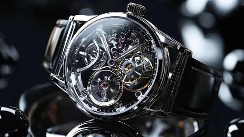 Skeleton tourbillon wristwatch rendered with hyperreal metal detail