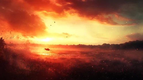 Sun-drenched river blaze with lone boat chasing embers.