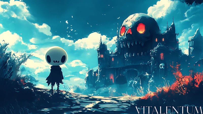 Tiny skull-headed wanderer confronts blazing-eyed death fortress