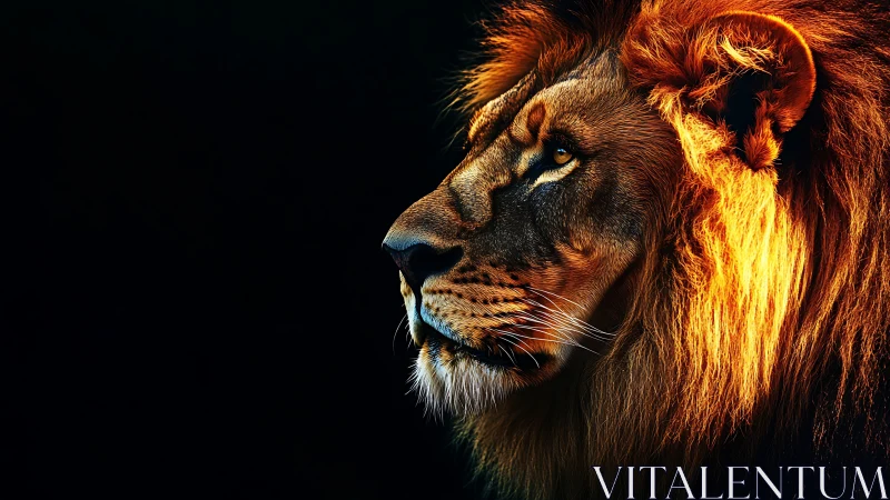 Golden maned lion gazing softly into the dark distance.