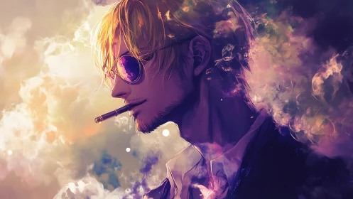Cool blond man in glowing smoke gazes ahead in quiet style