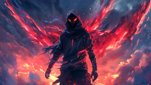 Hooded ember wraith strides through stormlit digital fire.