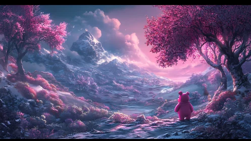 Pink bear overlooks glowing valley and distant snowy peak.