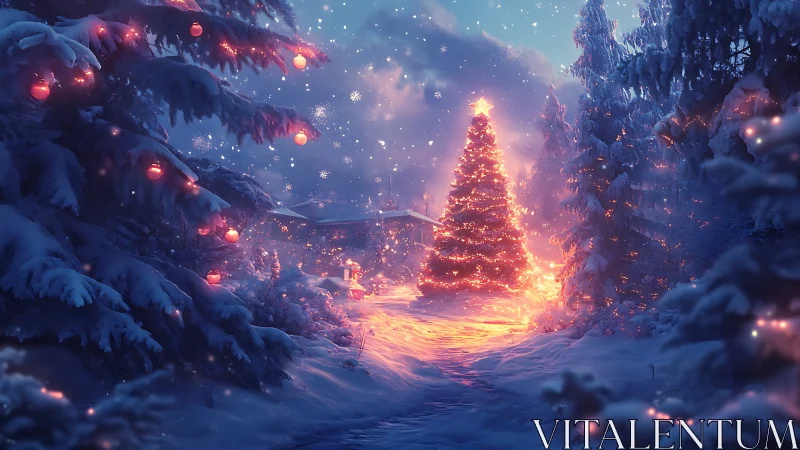 Luminous Christmas tree illuminates snow laden forest path