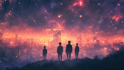 Four friends beneath a glowing cosmic city sky at dusk.