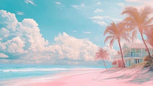 Digital rendering of tropical coastal architecture with volumetric atmospheric light
