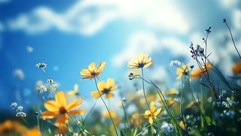 Sunlit Meadow Dream: Golden Daisies Dancing Against Blue Skies.