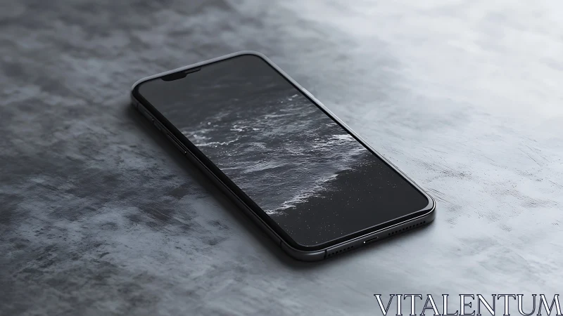 Black smartphone rests on textured concrete surface.