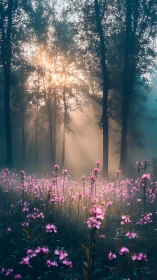 Pink wildflowers ignite misty forest at sunrise glow.