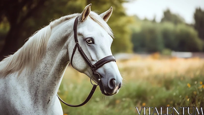 White horse with bridle in shallow depth outdoor portrait.