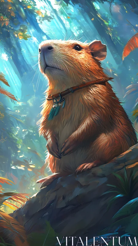 Heroic guinea pig stands on forest rock in sunlight.