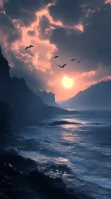 Dramatic coastal seascape at dusk with silhouetted sea cliffs