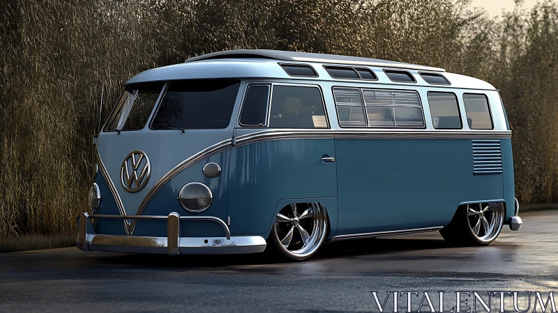 Lowered Volkswagen T1 microbus render with reflective wet asphalt.