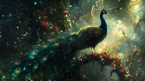 Peacock on forest branch amid glowing foliage and flowers.