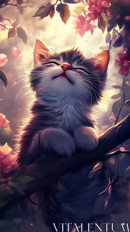 Luminous Feline Portrait: Golden Hour Lighting with Flowering Foliage Environment