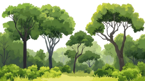 Sunlit forest canopy in layered lush green illustration.