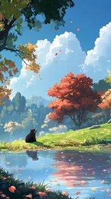 Autumnal forest pond with contemplative bear under cumulus sky.
