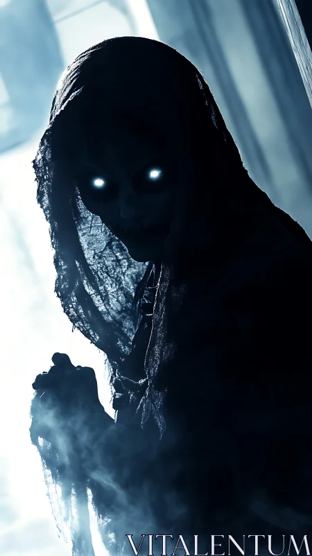 Backlit hooded wraith silhouette with glowing spectral eyes