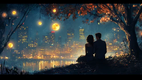 Luminous urban nocturne: silhouetted couple beneath celestial moons