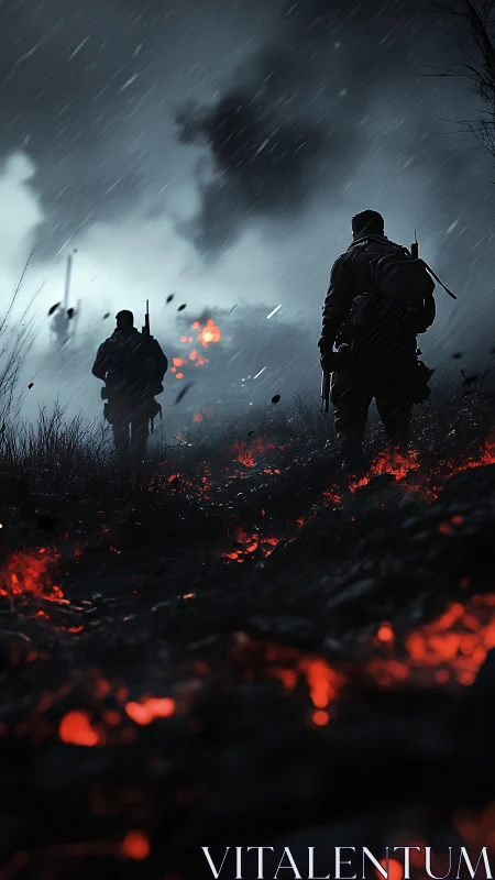 Soldiers walking through stormlit embers of a quiet battlefield.