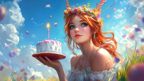 Luminous Birthday: Fiery-Haired Dreamer Conjures Cake-Bound Magic