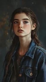 Thoughtful young girl in denim jacket against dark backdrop.