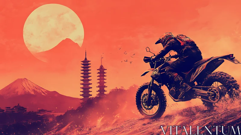 Motorcyclist on dirt track before pagodas and large sun.