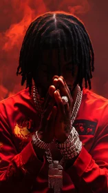 Low-key portrait of jeweled figure in crimson smoke field.