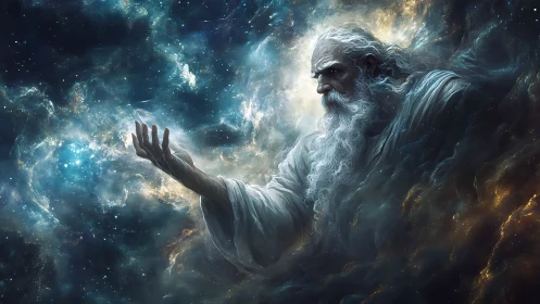 Cosmic architect manifesting nebular matter with gestural force.