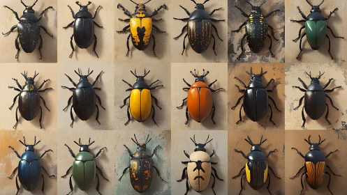 Grid of stylized beetle specimens showing varied elytra color patterns