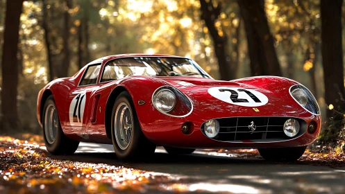 Scarlet racer prowls a sunlit forest road in autumn calm.