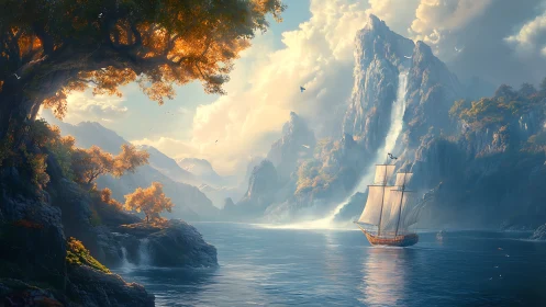 Tall ship glides through a luminous fantasy fjord at dawn