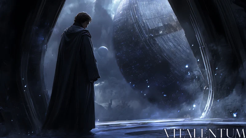 Hooded figure stands at spaceport gate facing massive sphere