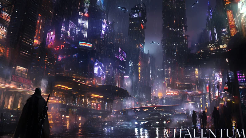 Neon-soaked cyberpunk megalopolis unfolds under torrential rain
