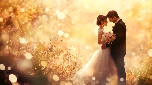Golden-hour garden wedding kiss wrapped in soft sparkles.