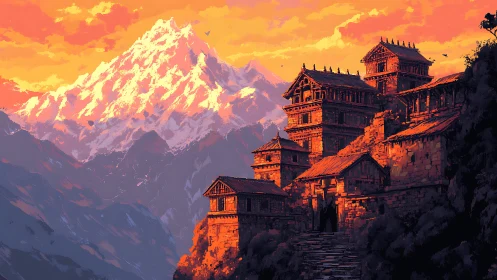 Mountain fortress complex overlooks sunlit snowy peak