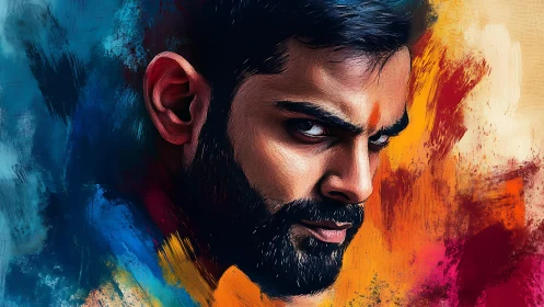 Intense male portrait framed by bold abstract color strokes.