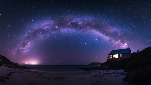 Milky Way arches above a glowing coastal cabin at night.